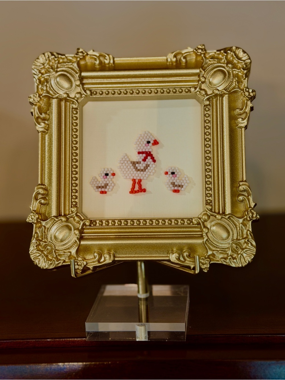 Handmade Mother Goose & Goslings Beaded Art Gold Frame 4.25”